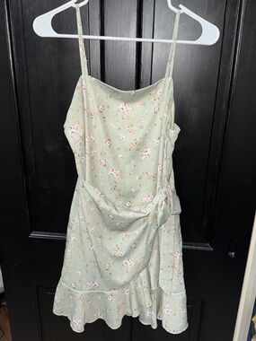 Altar'd State Sage Green Floral Tie-Waist Spaghetti Strap Mini Dress